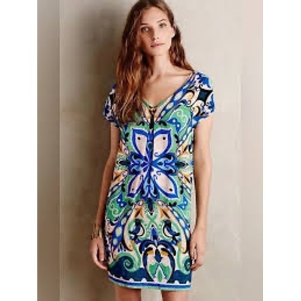 Maeve Anthropologie Kaleidoscope Print V-Neck Shift Dress Green Blue Small